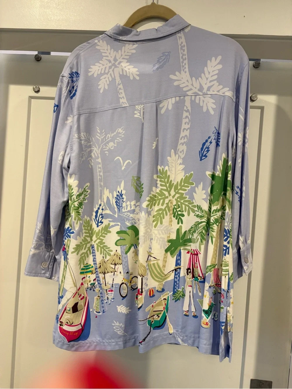 Erin London Tropical Beach Print Button-Up Shirt, Light Blue, Size S